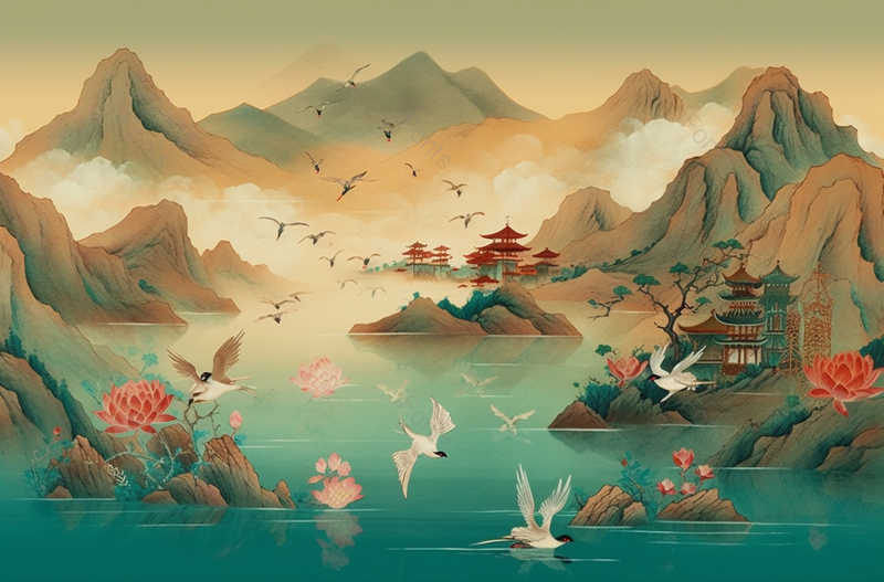 青绿山水湖面风景古典水墨画背景,插画/手绘图,插画/手绘图库,插画/手绘图下载,插画/手绘